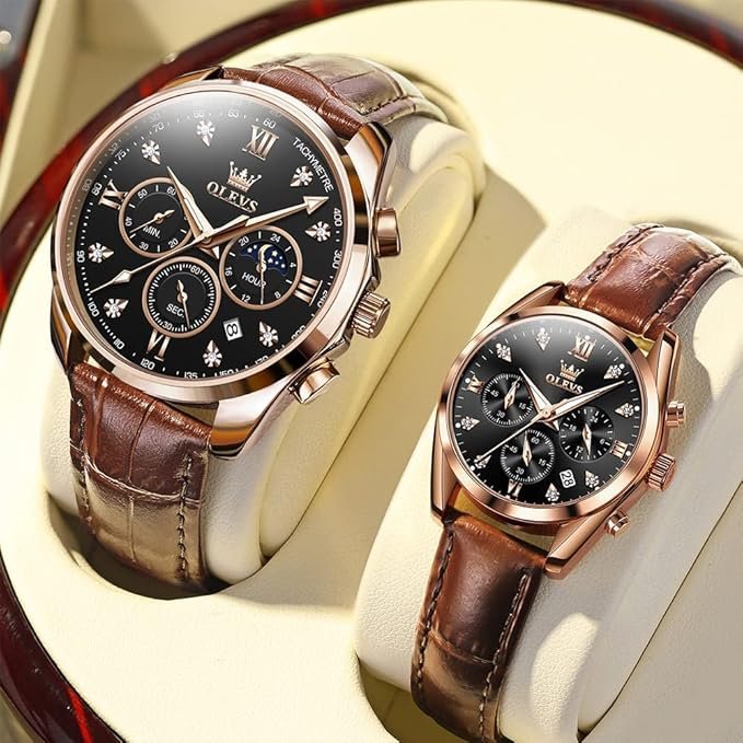 OLEVS Valentines Couple Pair Quartz Watches His and Her Couple Set Leather Chronograph Diamond Wrist Watch Men Women Lovers Wedding Romantic Gifts Set of 2