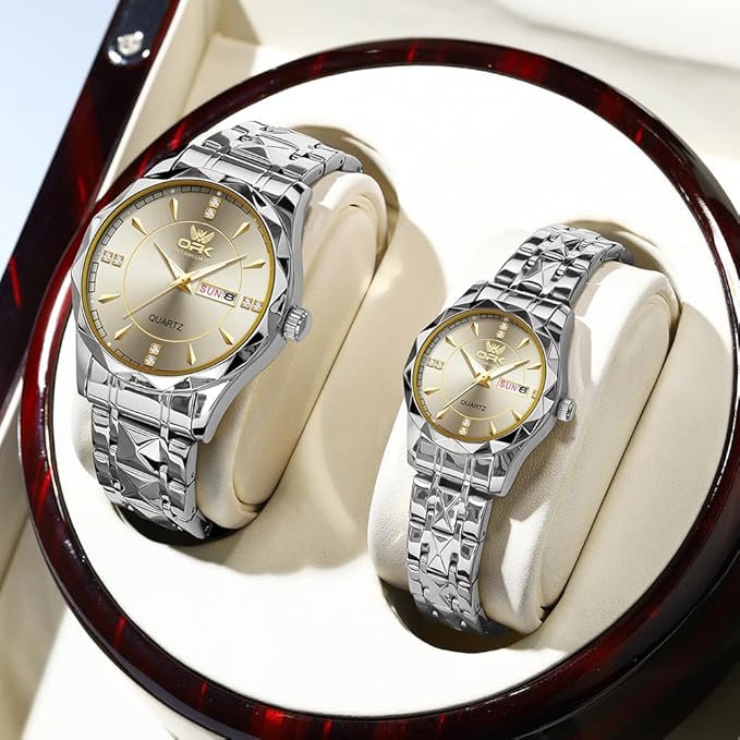 OUPINKE His and Her Couple Watches Fashion Dresse Diamond Romantic Set Pair Matching Gold Face Gold Stainless Steel Strap Luminous Waterproof Couple Wrist Watch