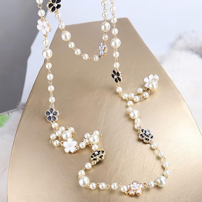 Womens Chic Statement Multilayer Imitation Pearl Long Necklace, Pearl, Pearl