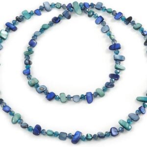 Avalaya Statement Long Blue/Teal Green Shell Nugget and Glass Crystal Bead Necklace