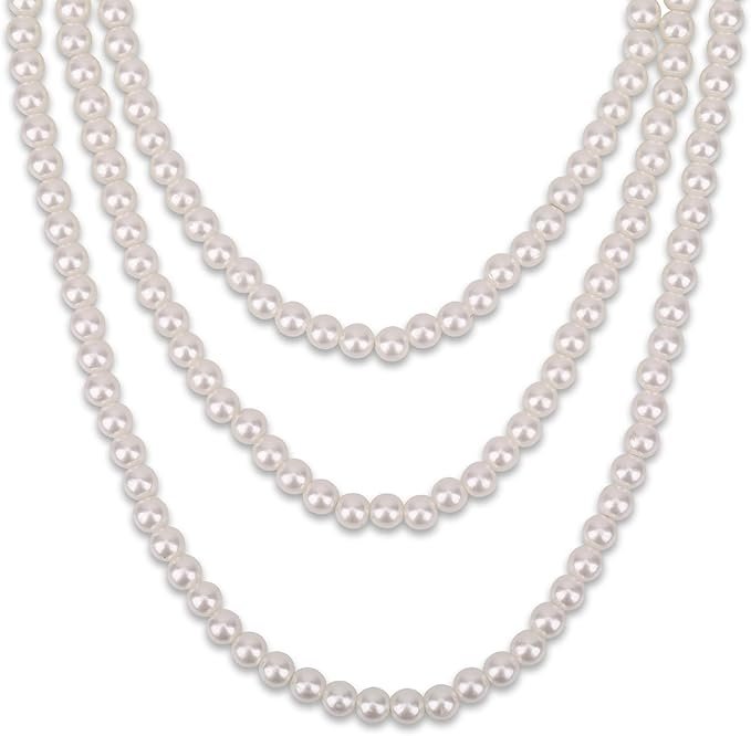 Long Pearl Necklace, Necklace 1920s Artificial Pearl Necklace String Beads Great Choker Vintage Fashion Necklace for Women Brides Weddings Party Fancy Dress Accessories